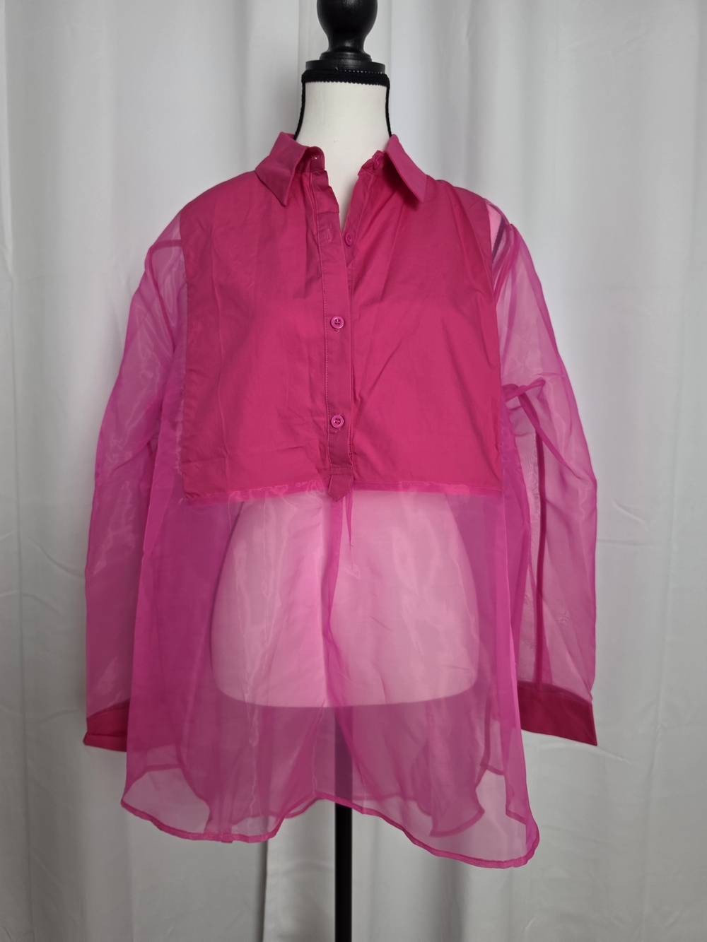 Women Sheer Hot Pink Button-Up Shirt